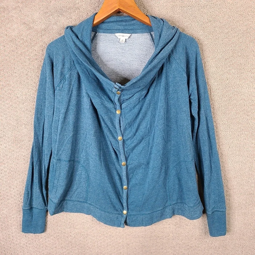 Lucky Lotus Sweater Womens Medium‎ Blue Snap Up Funnel Neck Long Sleeve Stretch